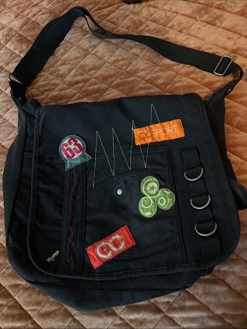 OC Sport Black Canvas Messenger Crossbody Bag with Patch Details